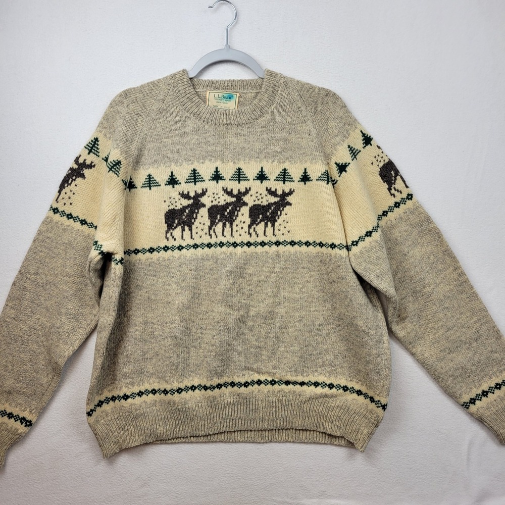 Vintage LL Bean Mens Wool Sweater Size XL Deer Reindeer USA Moose Fair Isle Flaw